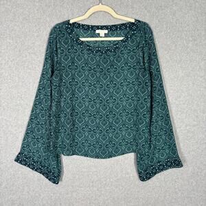 Finn Grace Blouse Womens Small Green Paisley Bell Flare Crop Boho‎ Cottage Flowy